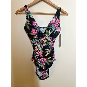Aqua Green Black and Pink Hawaiian Floral Tropical Print One Piece Swimsuit